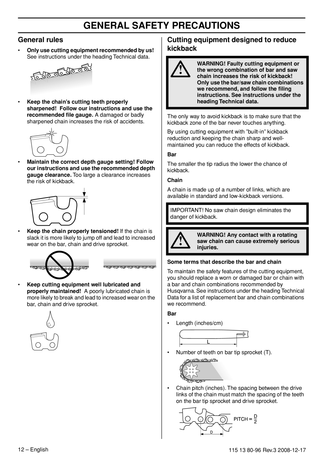 Husqvarna CARB III manual General rules, Cutting equipment designed to reduce kickback, Bar, Chain 