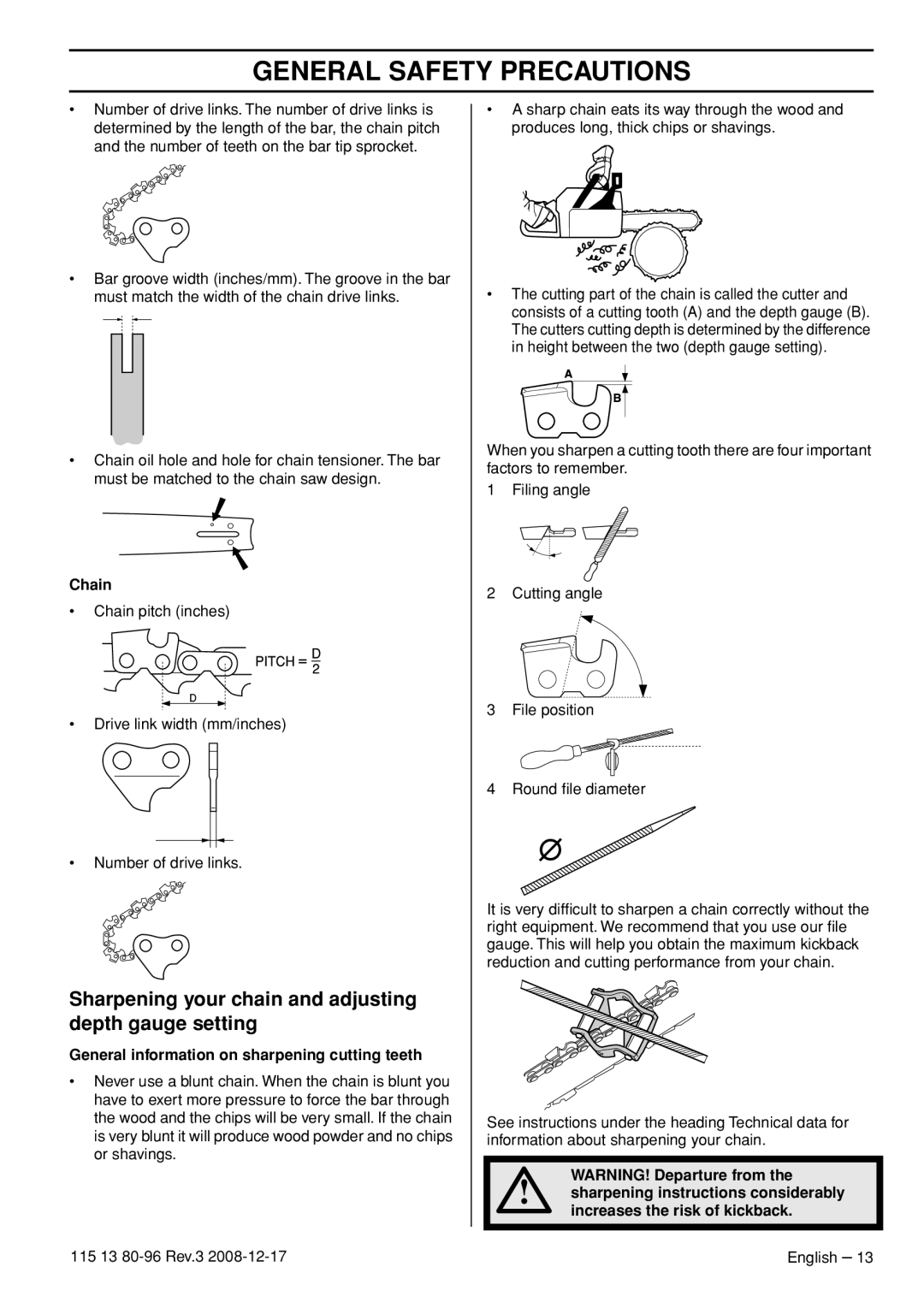 Husqvarna CARB III manual Sharpening your chain and adjusting depth gauge setting 