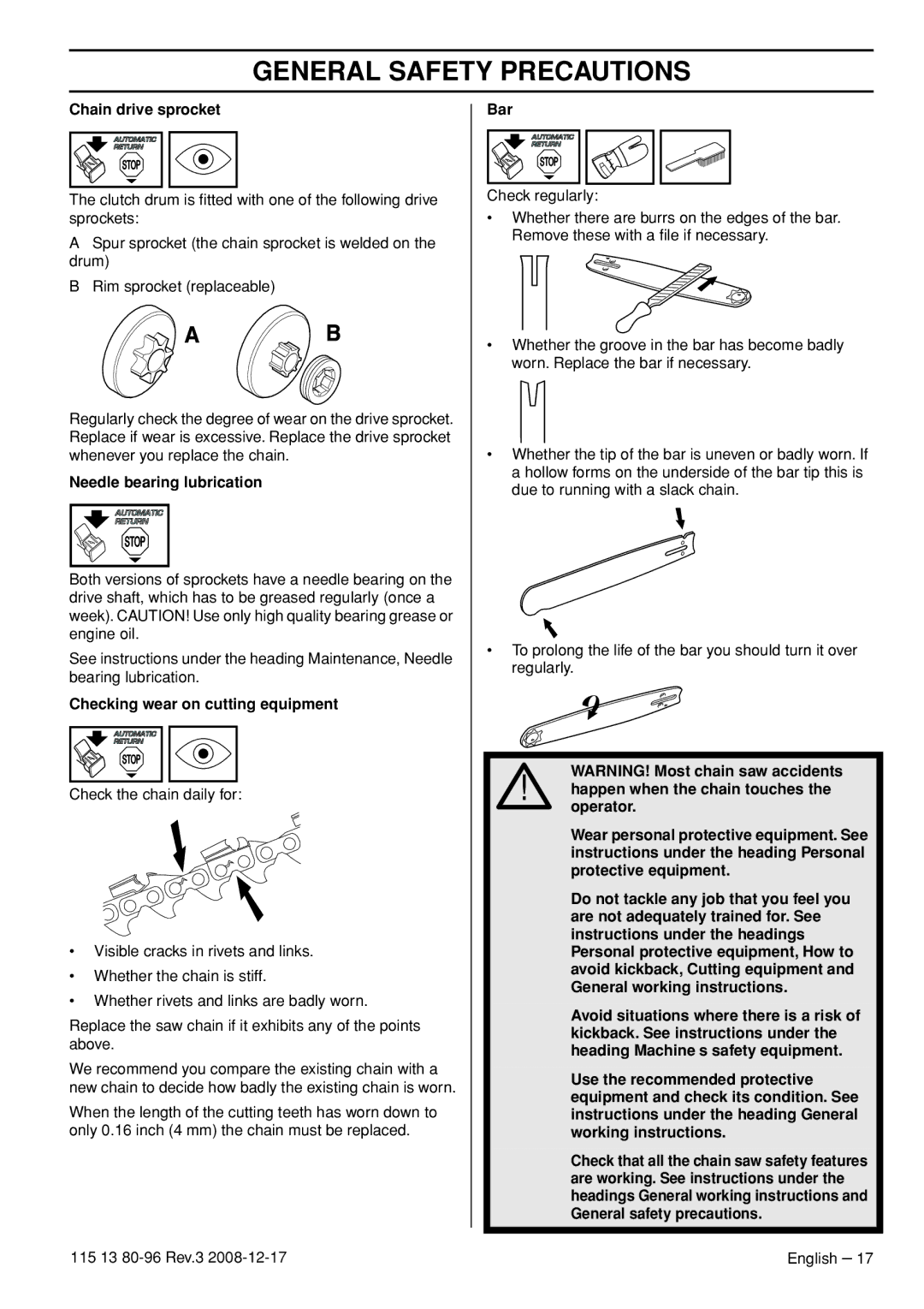 Husqvarna CARB III manual Chain drive sprocket, Needle bearing lubrication, Checking wear on cutting equipment 