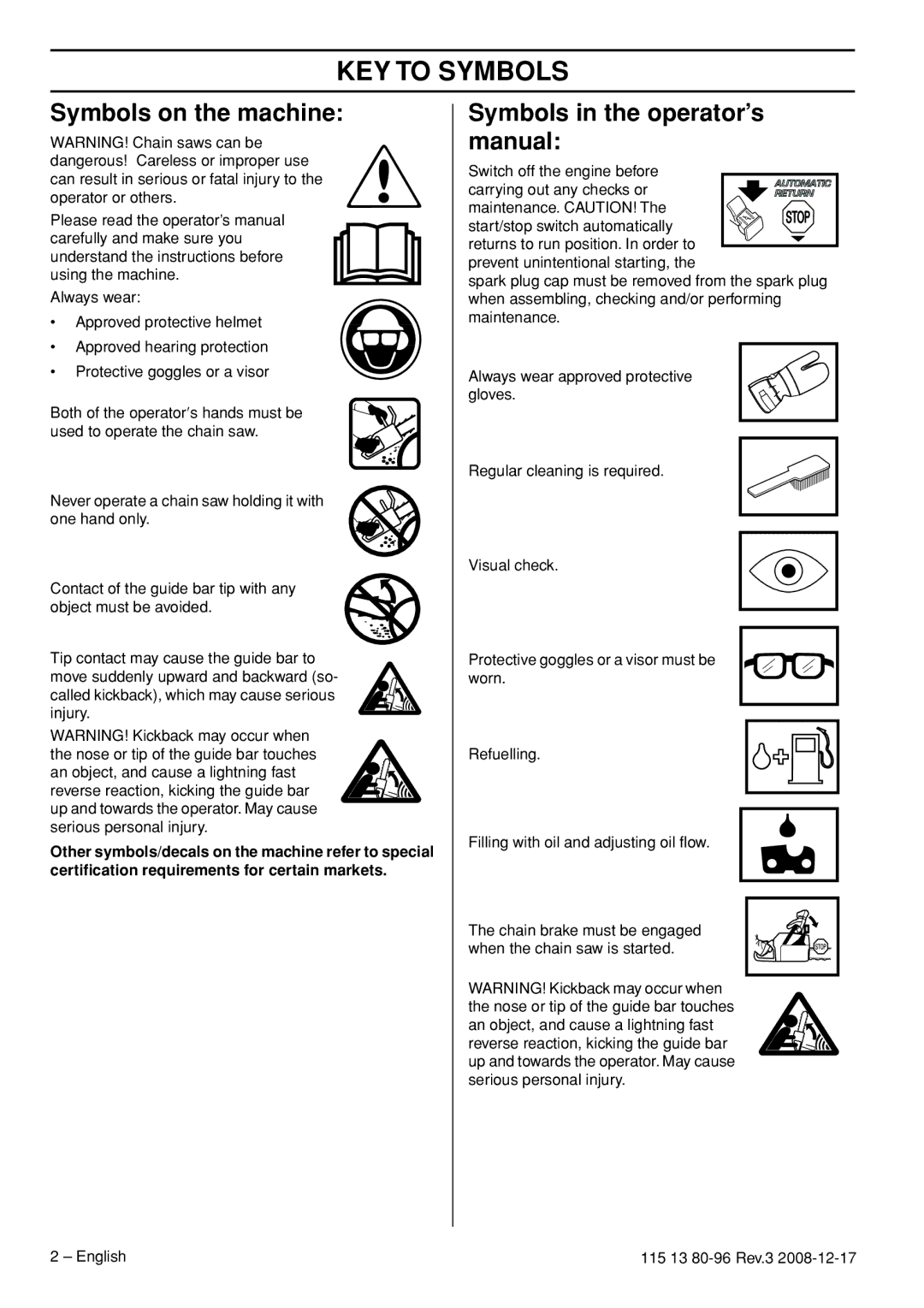 Husqvarna CARB III KEY to Symbols, Symbols on the machine, Symbols in the operator’s manual 