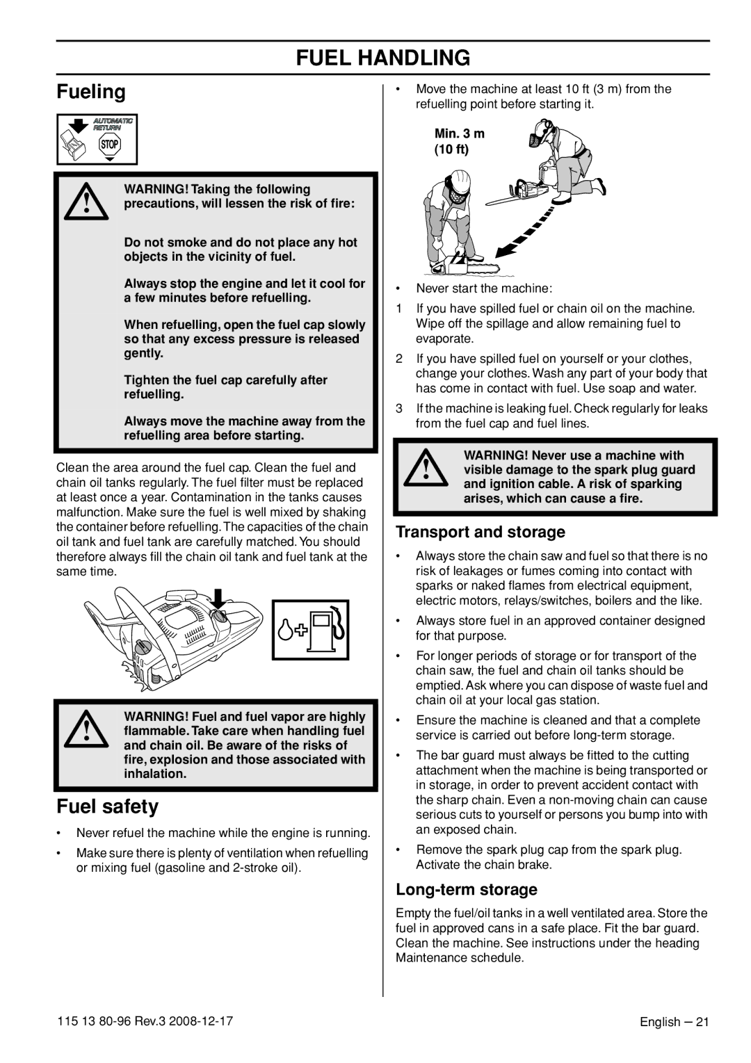 Husqvarna CARB III manual Fueling, Fuel safety, Transport and storage, Long-term storage 