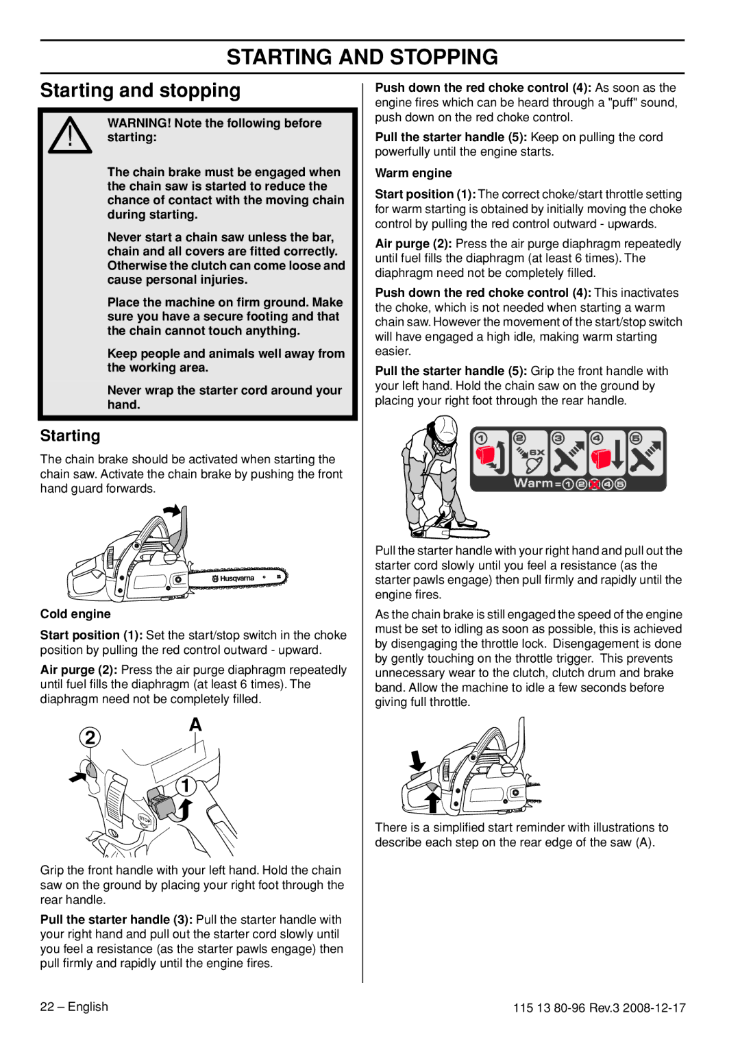 Husqvarna CARB III manual Starting and Stopping, Starting and stopping, Cold engine 