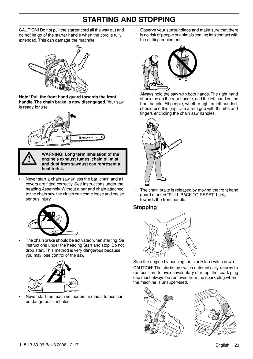 Husqvarna CARB III manual Stopping, Health risk 