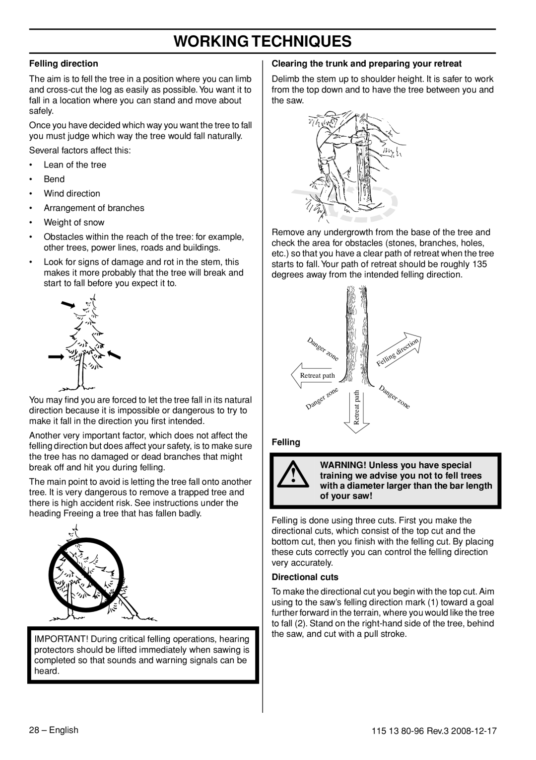 Husqvarna CARB III manual Felling direction, Clearing the trunk and preparing your retreat, Directional cuts 