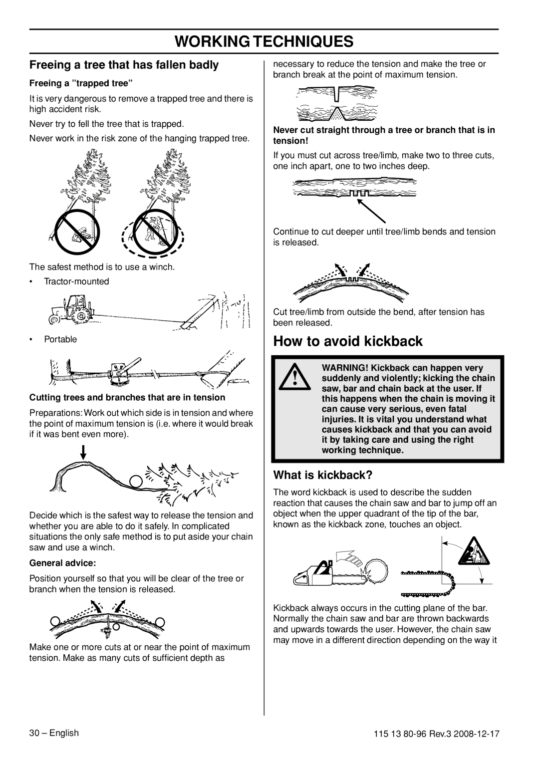 Husqvarna CARB III manual How to avoid kickback, Freeing a tree that has fallen badly, What is kickback? 