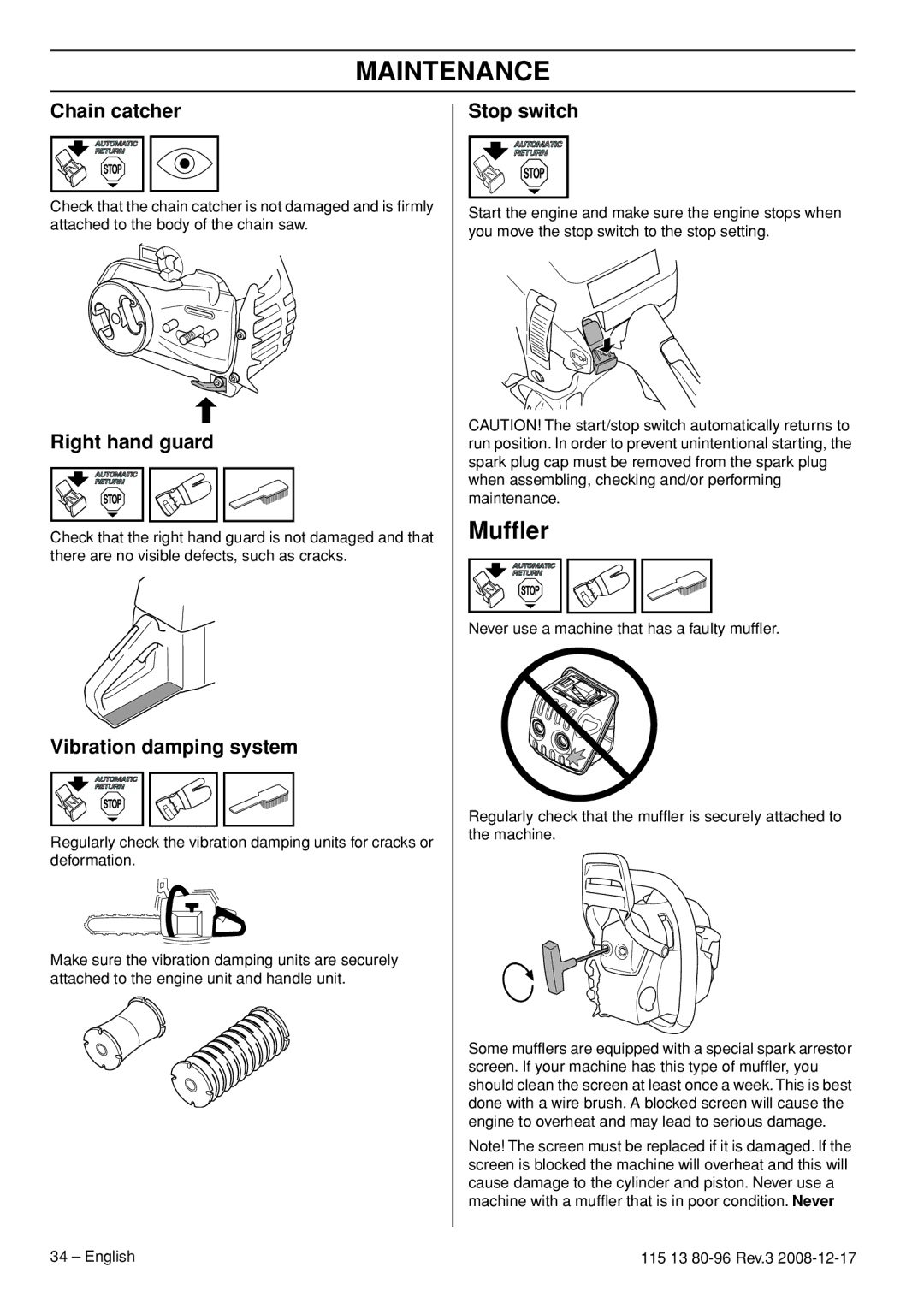 Husqvarna CARB III manual Mufﬂer, Chain catcher 