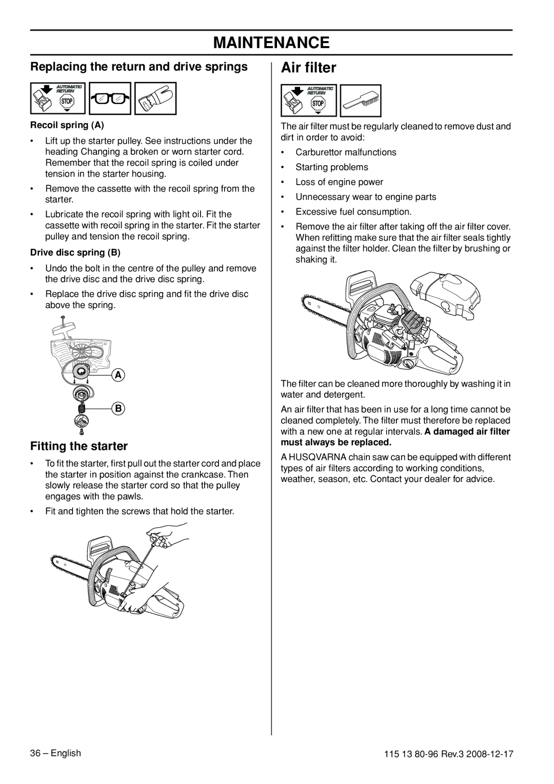 Husqvarna CARB III manual Air ﬁlter, Replacing the return and drive springs, Fitting the starter 