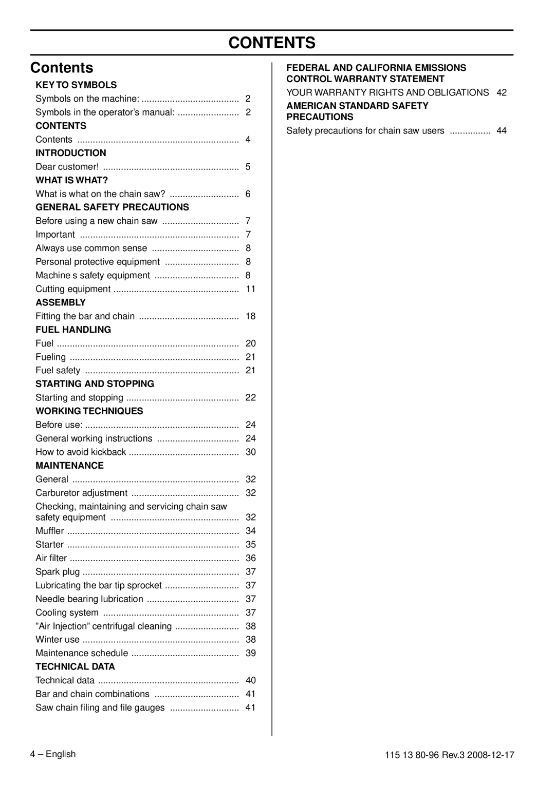 Husqvarna CARB III manual Contents 