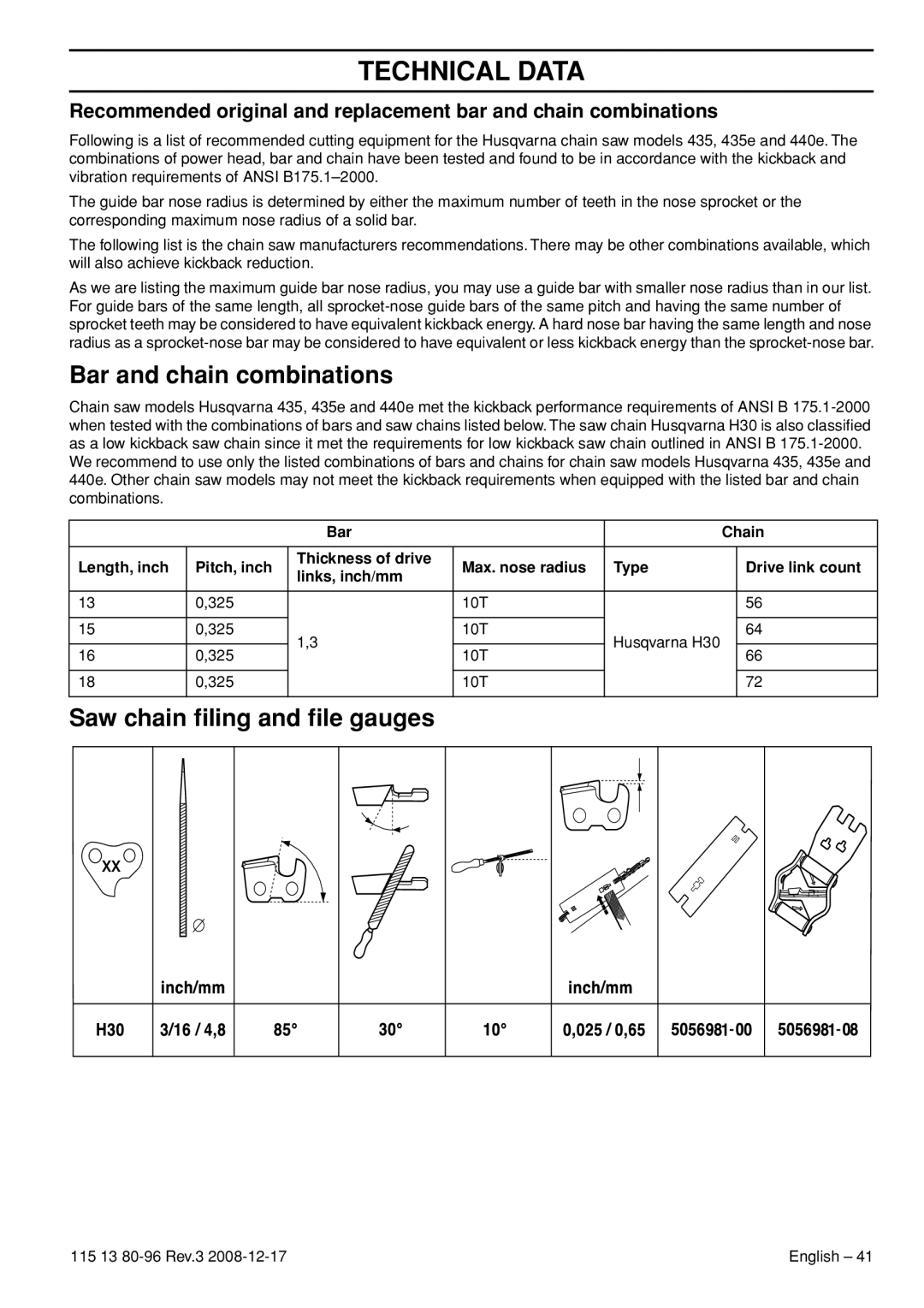 Husqvarna CARB III manual Bar and chain combinations, Saw chain ﬁling and ﬁle gauges 