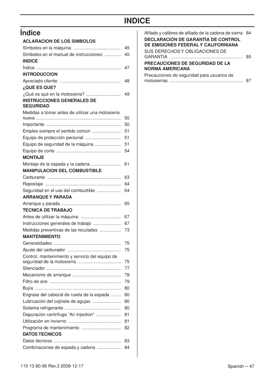 Husqvarna CARB III manual Indice, Índice, Precauciones de seguridad para usuarios de 