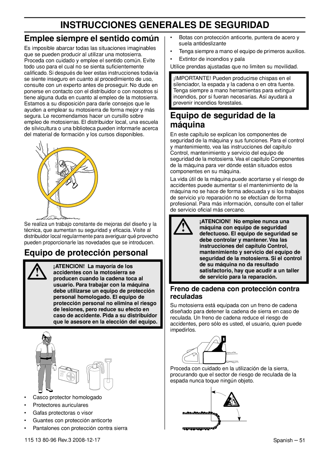 Husqvarna CARB III manual Emplee siempre el sentido común, Equipo de protección personal, Equipo de seguridad de la máquina 