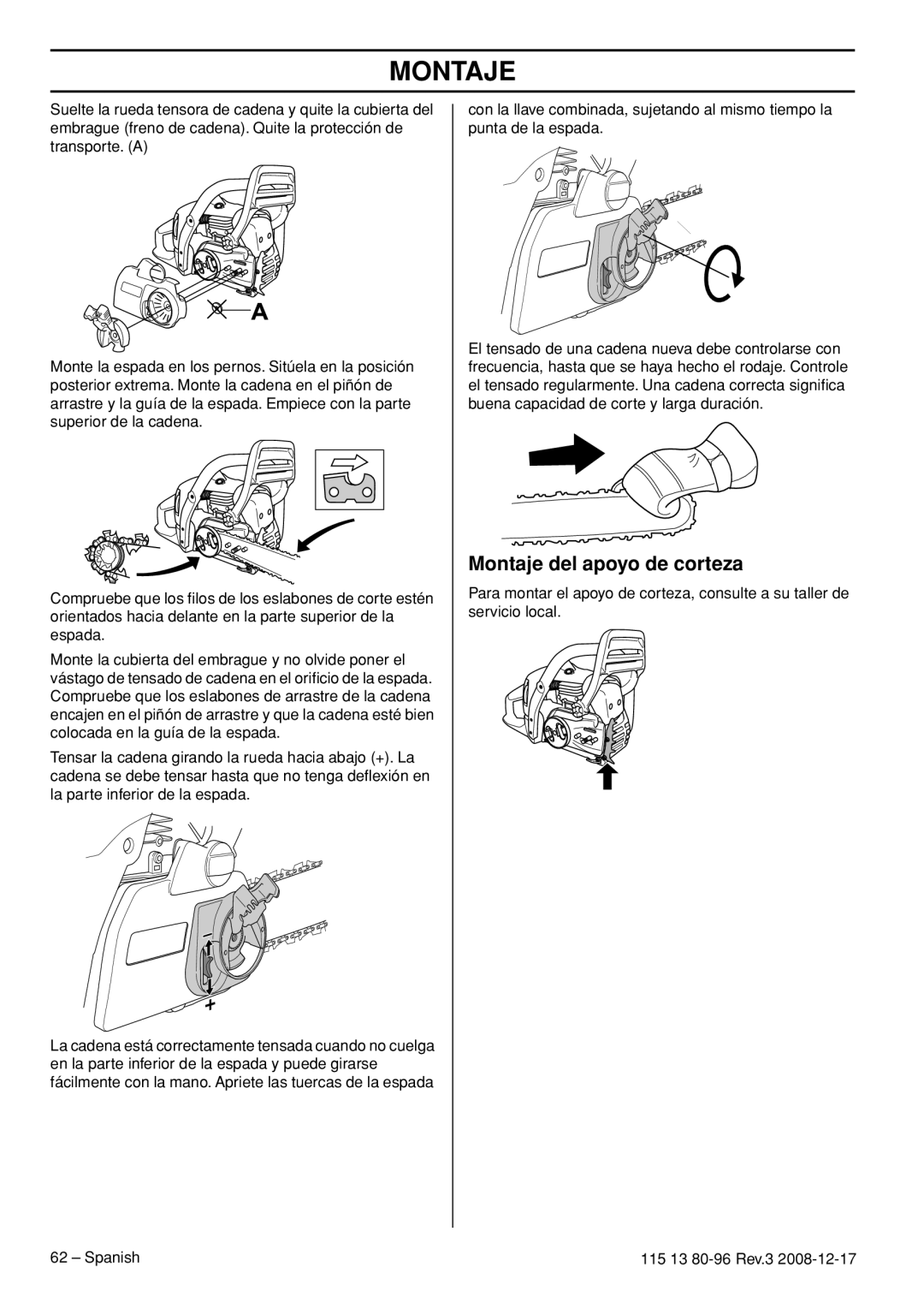 Husqvarna CARB III manual Montaje del apoyo de corteza 