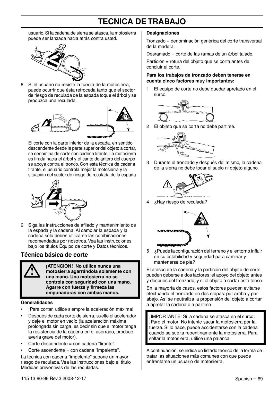 Husqvarna CARB III manual Técnica básica de corte, Designaciones 