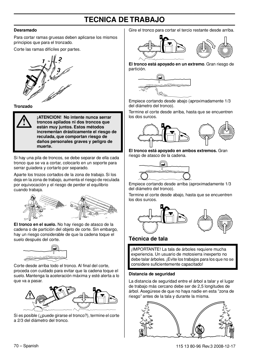 Husqvarna CARB III manual Técnica de tala, Desramado, Distancia de seguridad 