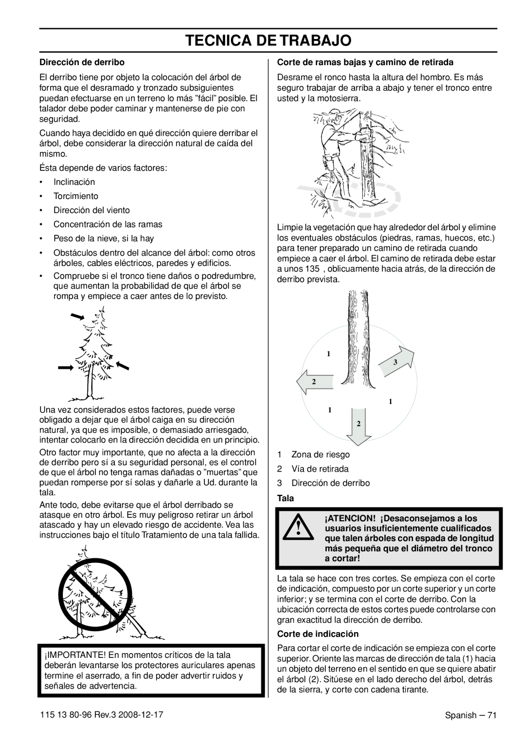 Husqvarna CARB III manual Dirección de derribo, Corte de ramas bajas y camino de retirada, Corte de indicación 