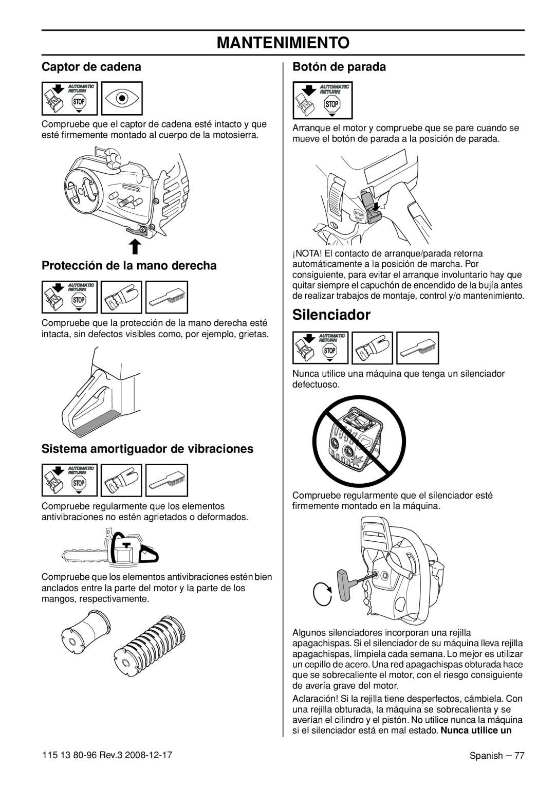 Husqvarna CARB III manual Silenciador, Captor de cadena 