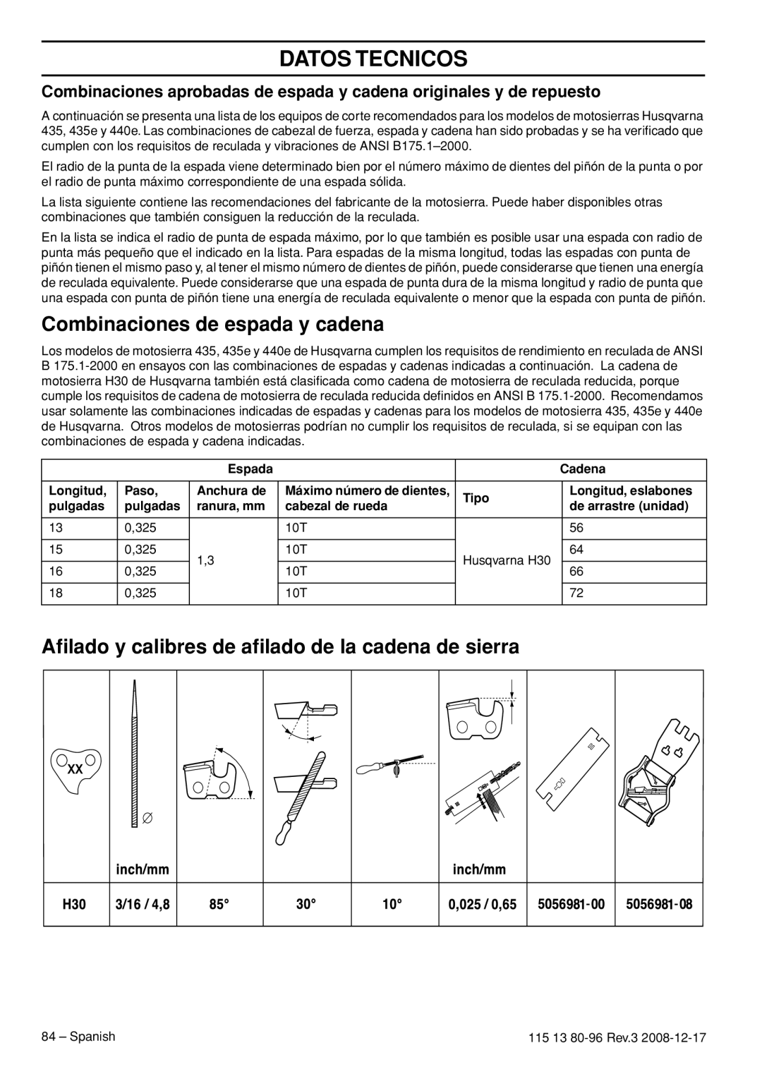 Husqvarna CARB III manual Combinaciones de espada y cadena, Aﬁlado y calibres de aﬁlado de la cadena de sierra 