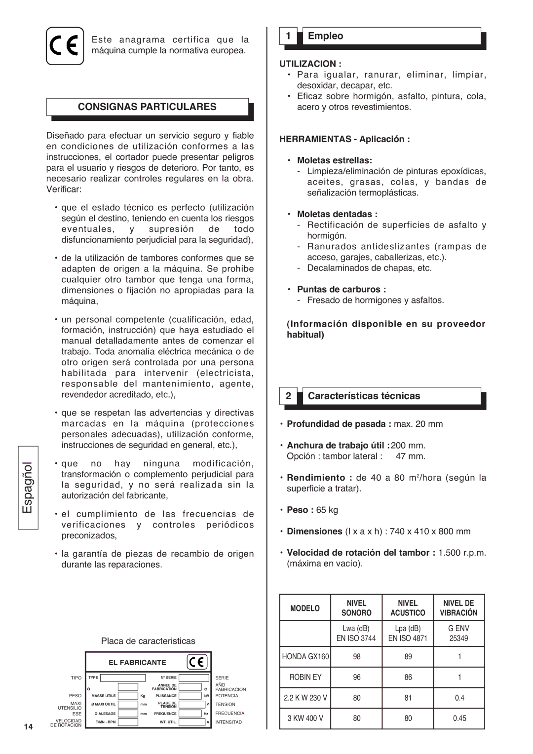 Husqvarna CG 200 S manuel dutilisation Consignas Particulares, Empleo, Características técnicas, Utilizacion 