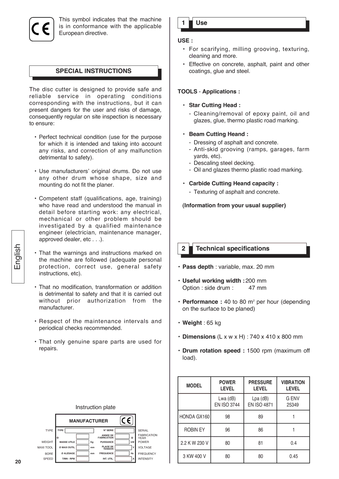 Husqvarna CG 200 S Special Instructions, Use, Technical specifications, Information from your usual supplier 