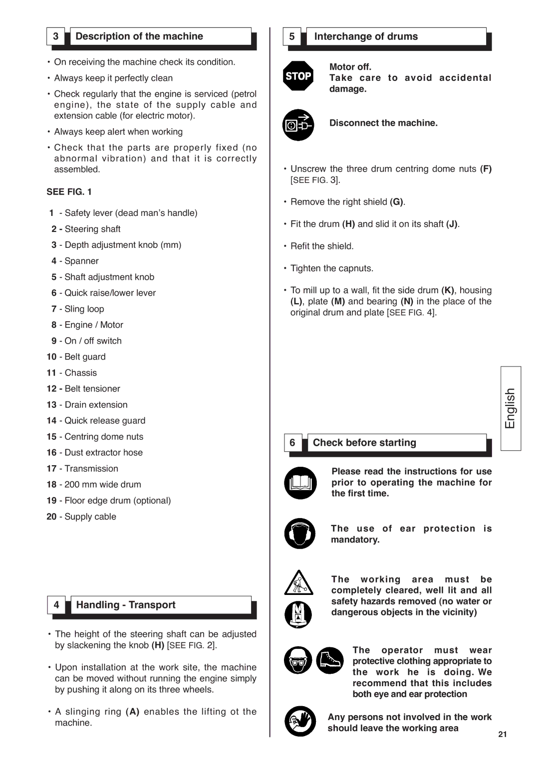 Husqvarna CG 200 S Description of the machine, Handling Transport, Interchange of drums, Check before starting, See FIG 