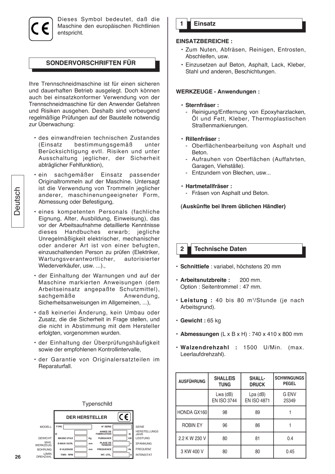 Husqvarna CG 200 S Sondervorschriften FÜR, Technische Daten, Einsatzbereiche, Auskünfte bei Ihrem üblichen Händler 