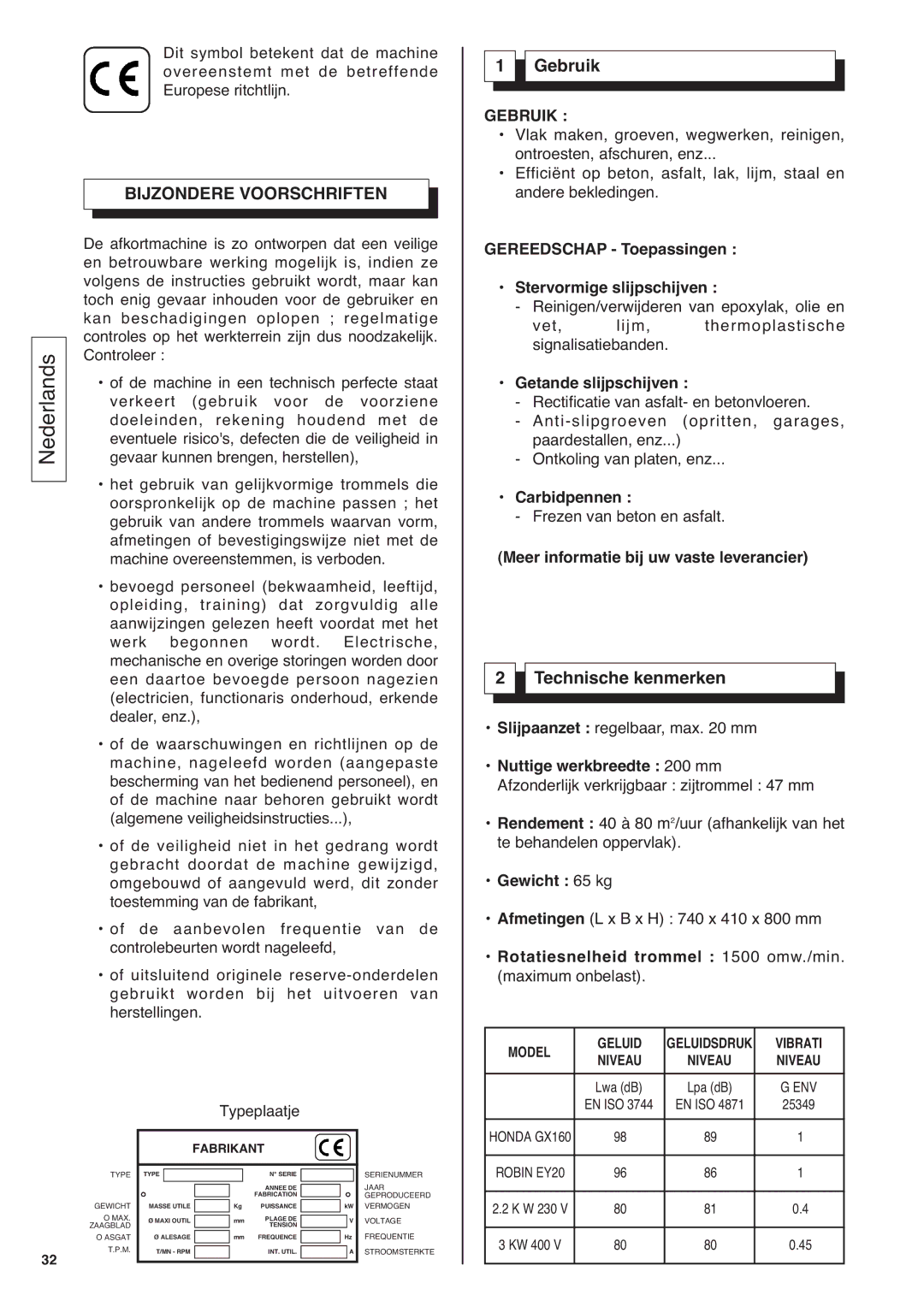 Husqvarna CG 200 S manuel dutilisation Bijzondere Voorschriften, Gebruik, Technische kenmerken, Typeplaatje 