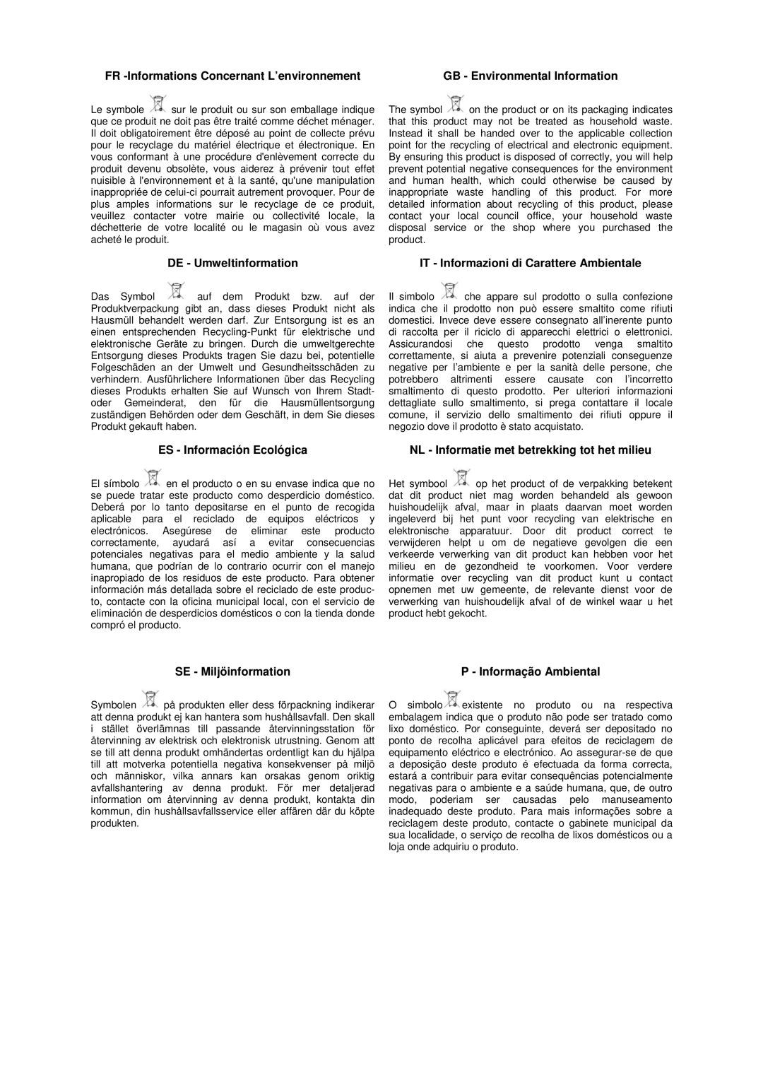 Husqvarna CG 200 S manuel dutilisation DE Umweltinformation IT Informazioni di Carattere Ambientale 