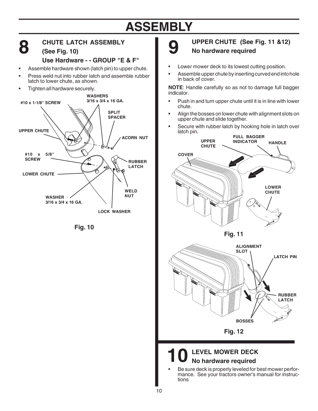 Husqvarna CG46A owner manual Chute Latch Assembly, See Fig, Use Hardware - Group E & F, Upper Chute See &12 