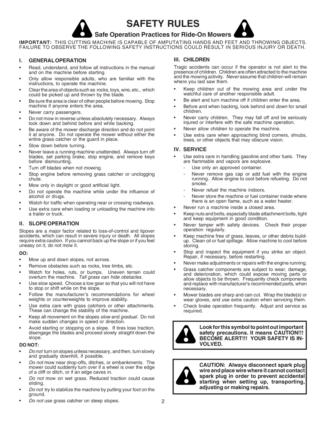 Husqvarna CG46A owner manual Safety Rules, Safe Operation Practices for Ride-On Mowers 