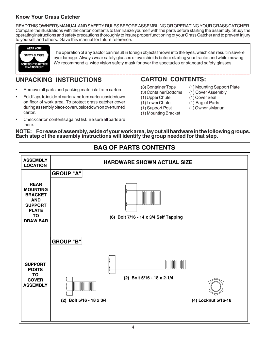 Husqvarna CG46A owner manual Unpacking Instructions, Carton Contents, BAG of Parts Contents 