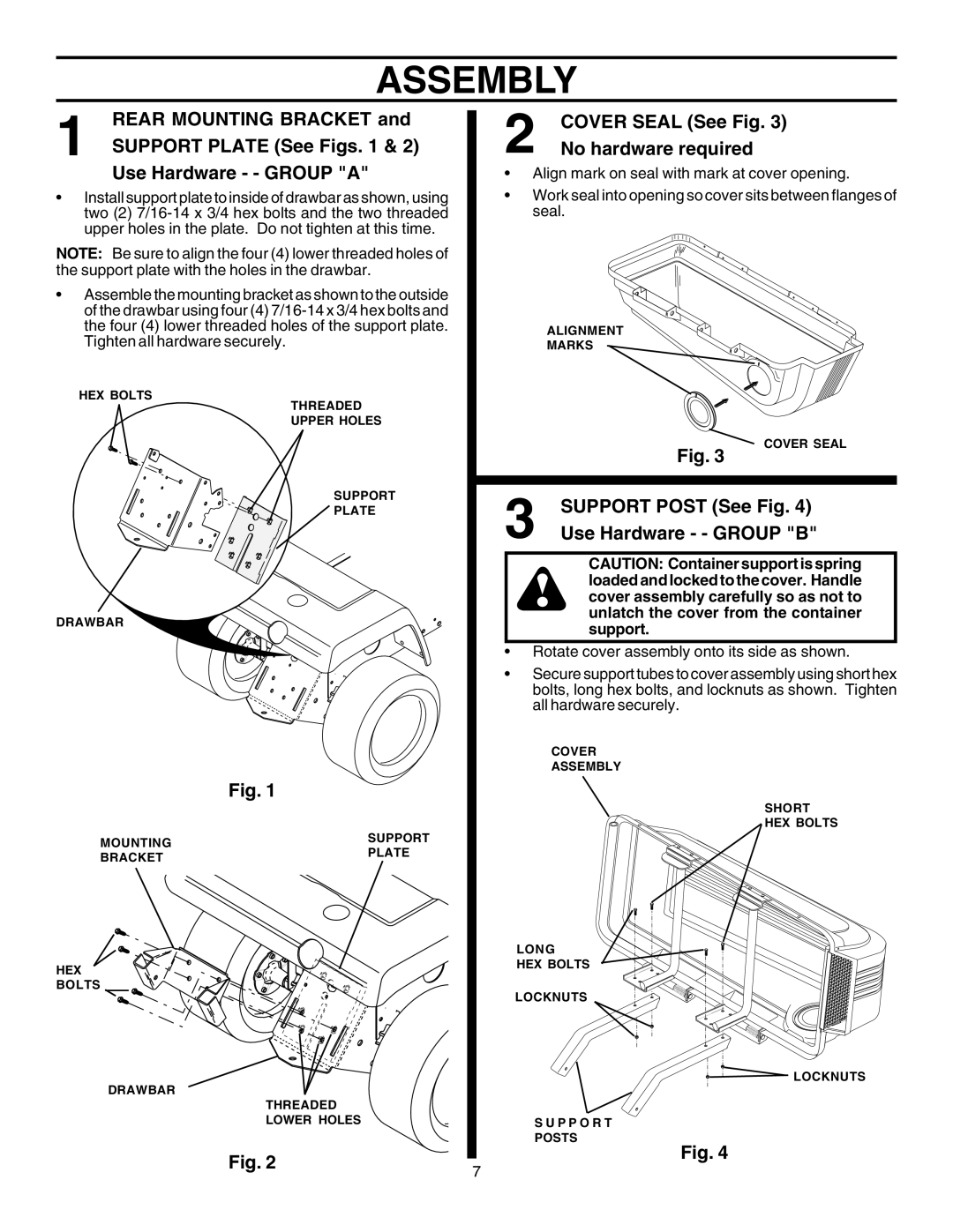 Husqvarna CG46A owner manual Rear Mounting Bracket, Support Plate See Figs, Use Hardware - Group a, Cover Seal See Fig 