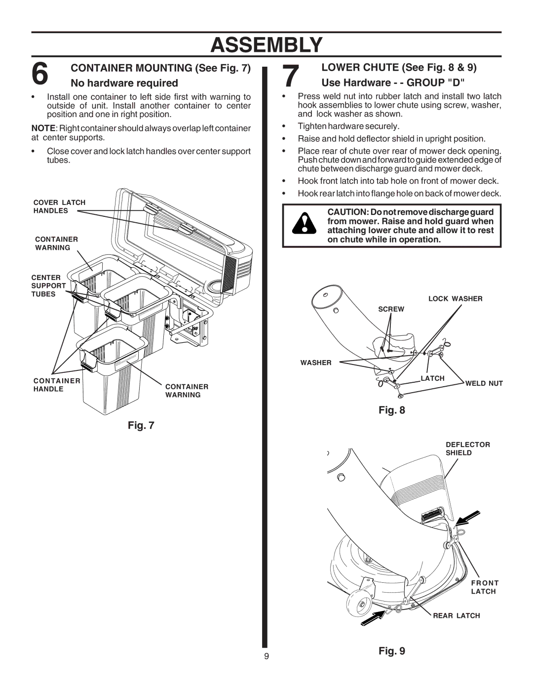 Husqvarna CG46A owner manual Container Mounting See Fig, Lower Chute See Use Hardware - Group D 