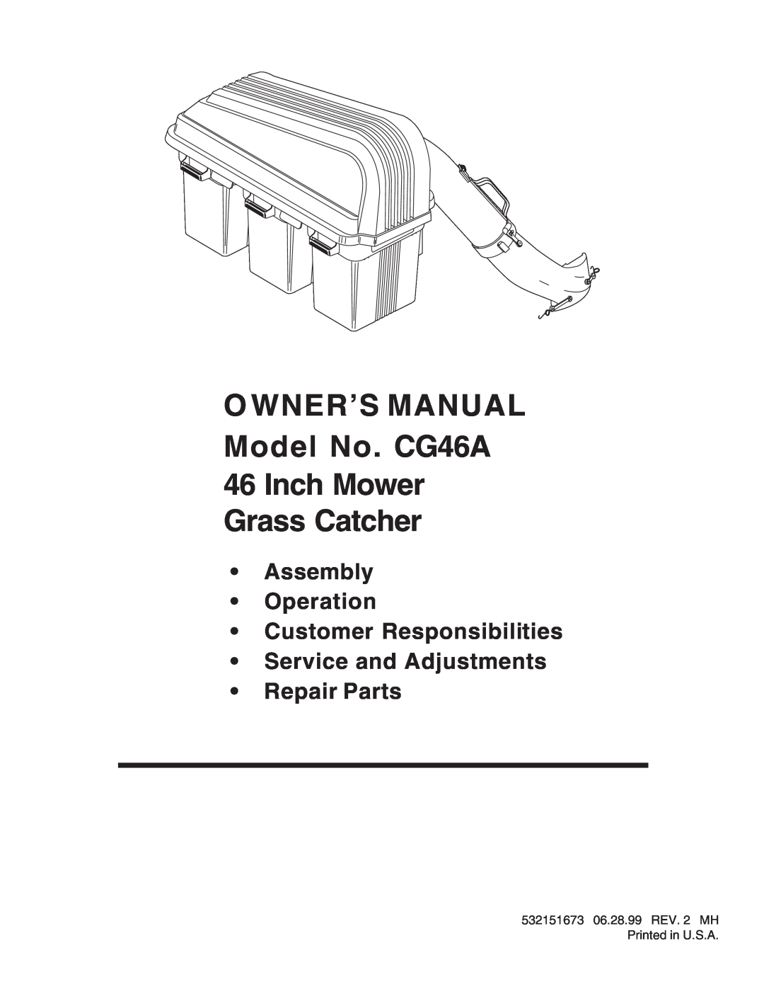 Husqvarna CG46A owner manual Assembly Operation Customer Responsibilities Service and Adjustments, Repair Parts 
