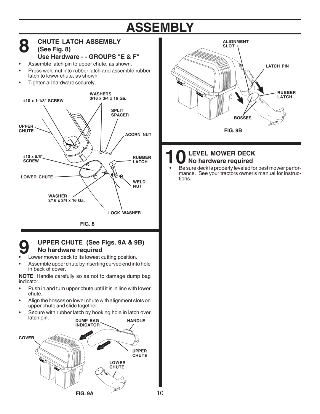 Husqvarna CL36A manual Chute Latch Assembly, See Fig Use Hardware - Groups E & F, Upper Chute See Figs a & 9B 