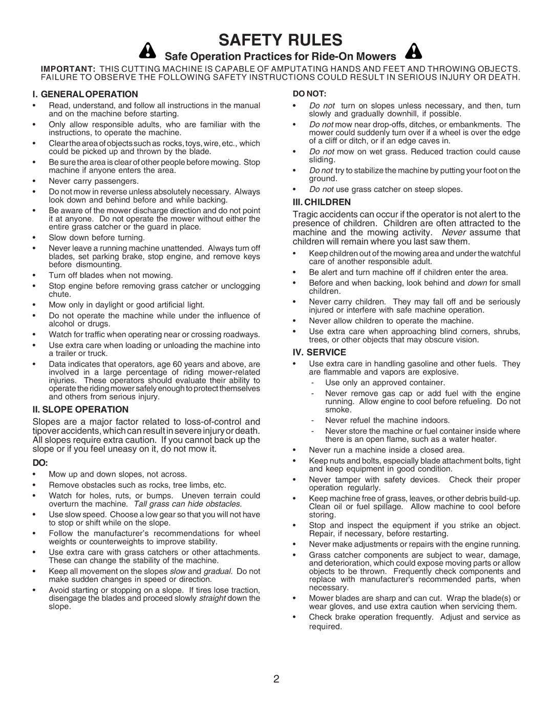 Husqvarna CL36A manual Safety Rules, Safe Operation Practices for Ride-On Mowers 