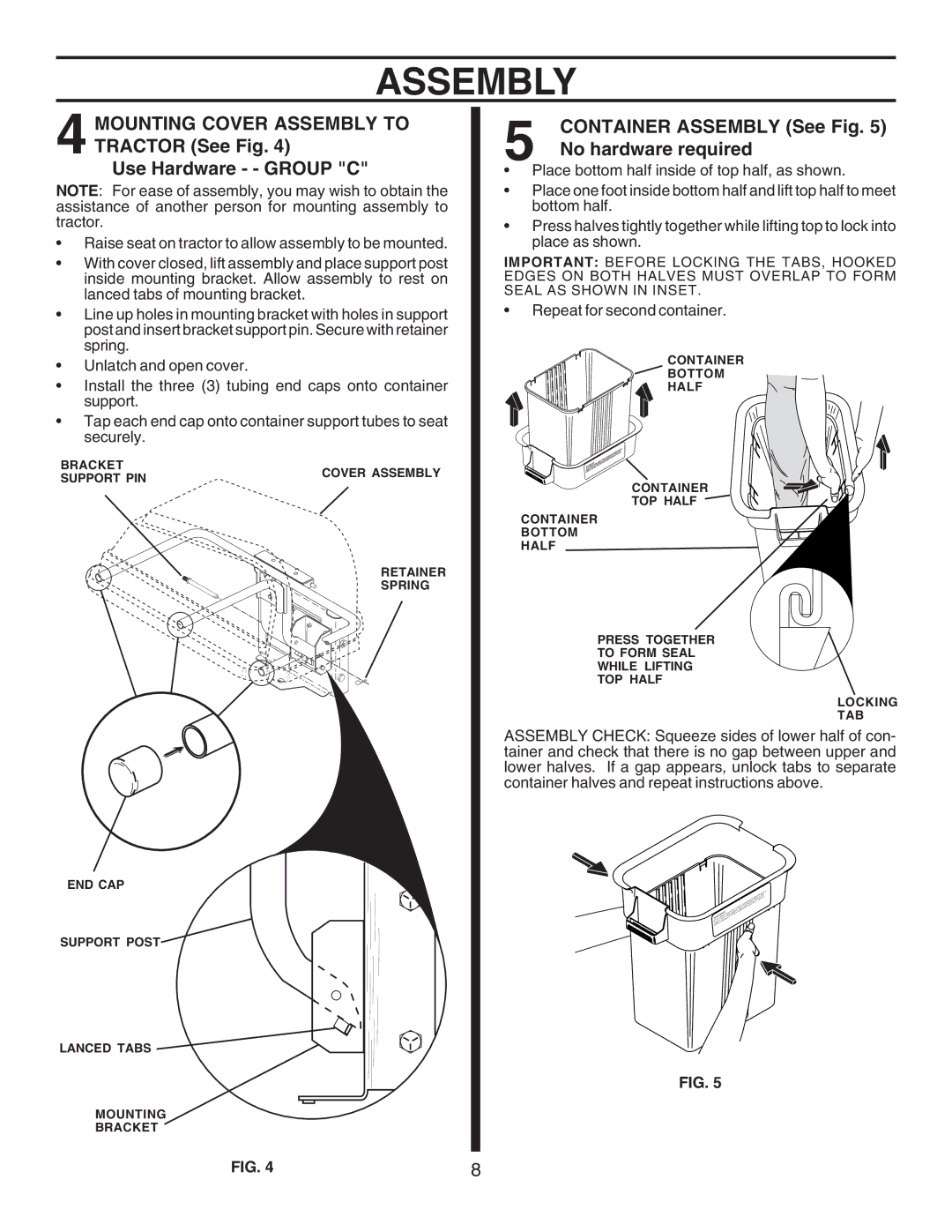 Husqvarna CL36A manual Mounting Cover Assembly to, Tractor See Fig Use Hardware - Group C, Container Assembly See Fig 