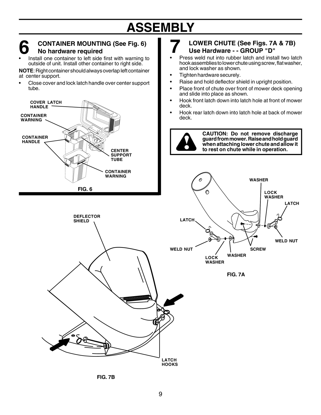 Husqvarna CL36A manual Container Mounting See Fig, Lower Chute See Figs a & 7B, Use Hardware - Group D 