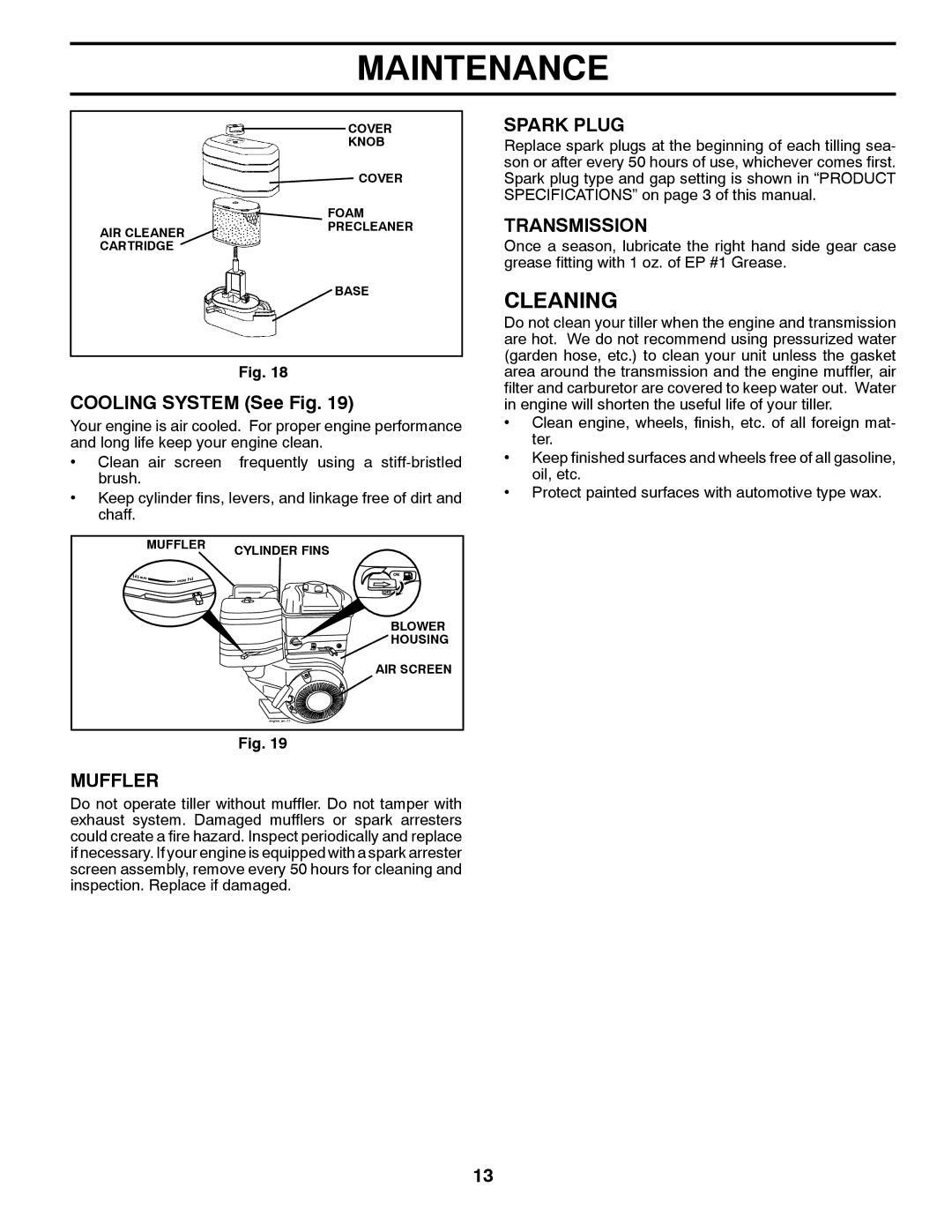 Husqvarna CRT1350LS owner manual Cleaning, Cooling System See Fig, Muffler, Spark Plug, Transmission 