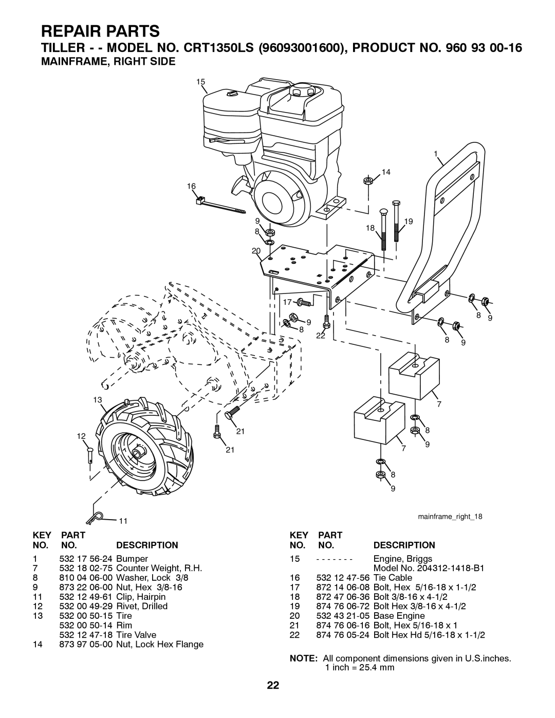 Husqvarna CRT1350LS owner manual MAINFRAME, Right Side 