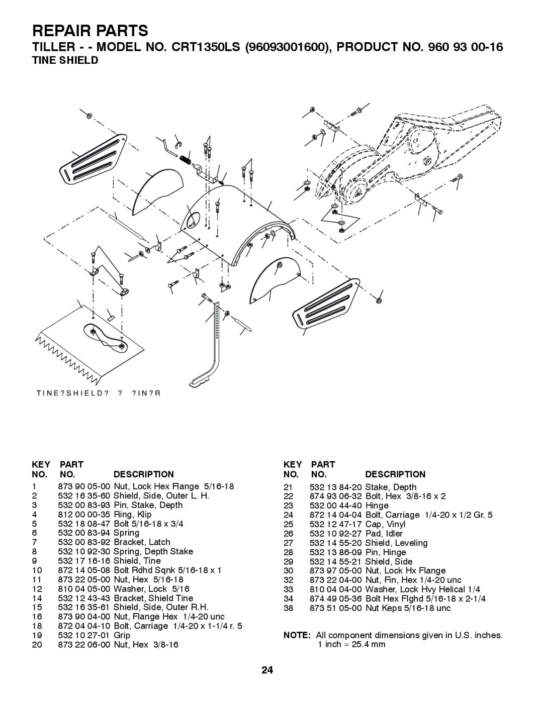 Husqvarna CRT1350LS owner manual Tine Shield, KEY Part NO. NO. Description 