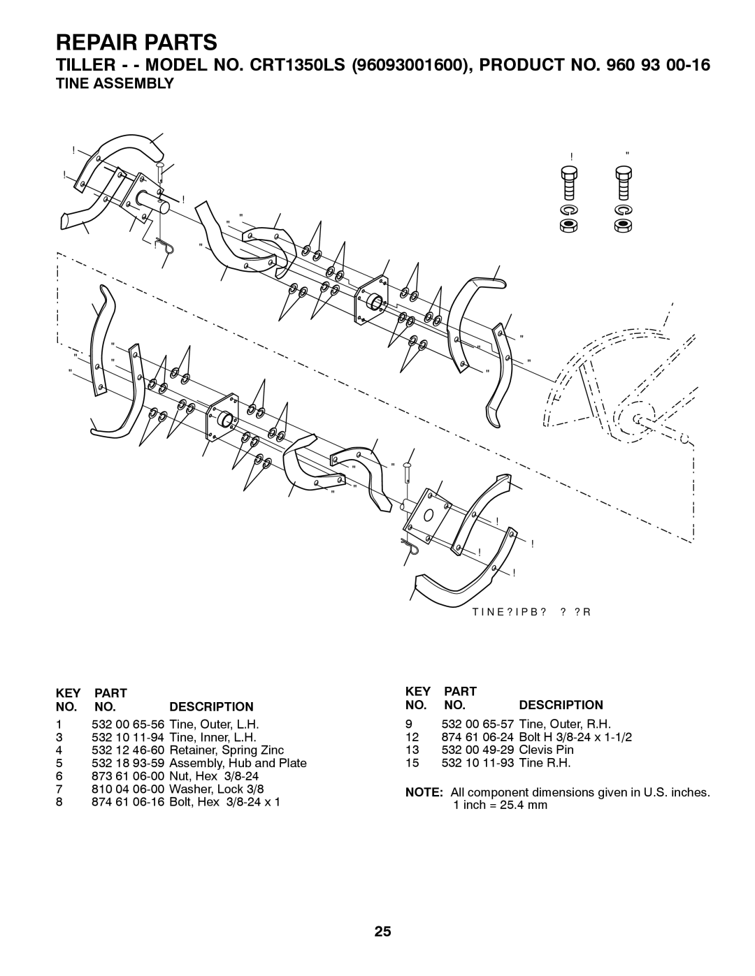 Husqvarna CRT1350LS owner manual Tine Assembly 