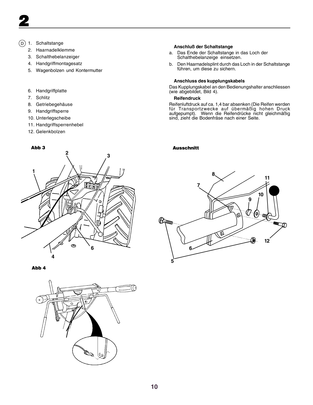 Husqvarna crt51 instruction manual Anschluß der Schaltstange, Anschluss des kupplungskabels, Reifendruck, Abb Ausschnitt 