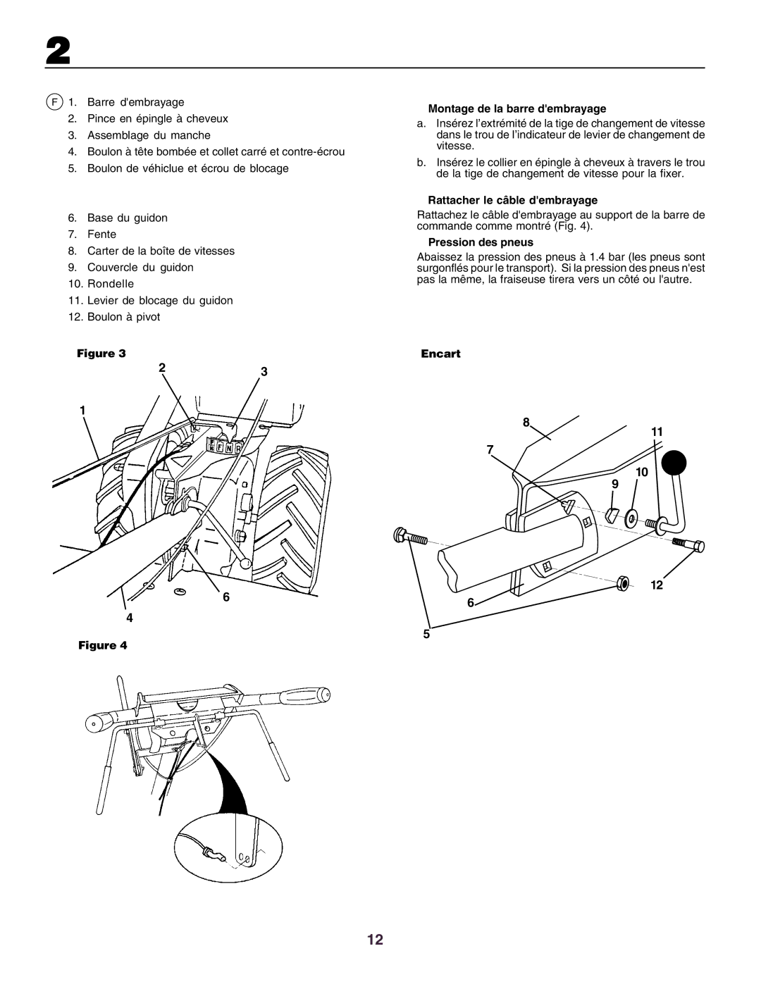 Husqvarna crt51 Montage de la barre dembrayage, Rattacher le câble dembrayage, Pression des pneus, Encart 