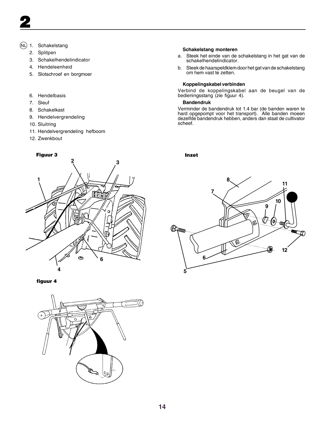 Husqvarna crt51 instruction manual Figuur Schakelstang monteren, Koppelingskabel verbinden, Bandendruk, Inzet 