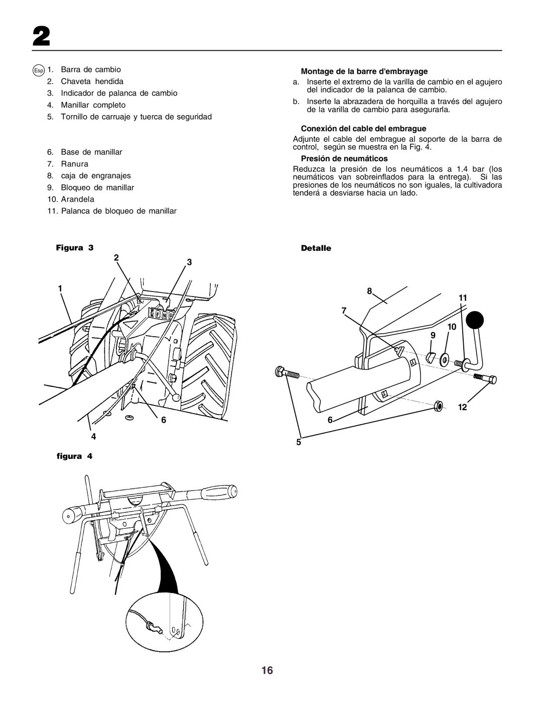 Husqvarna crt51 instruction manual Conexión del cable del embrague, Presión de neumáticos, Detalle 