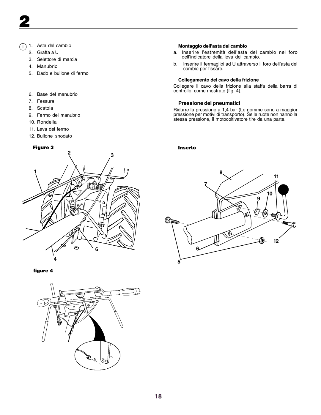 Husqvarna crt51 Pressione dei pneumatici, Montaggio dellasta del cambio, Collegamento del cavo della frizione, Inserto 