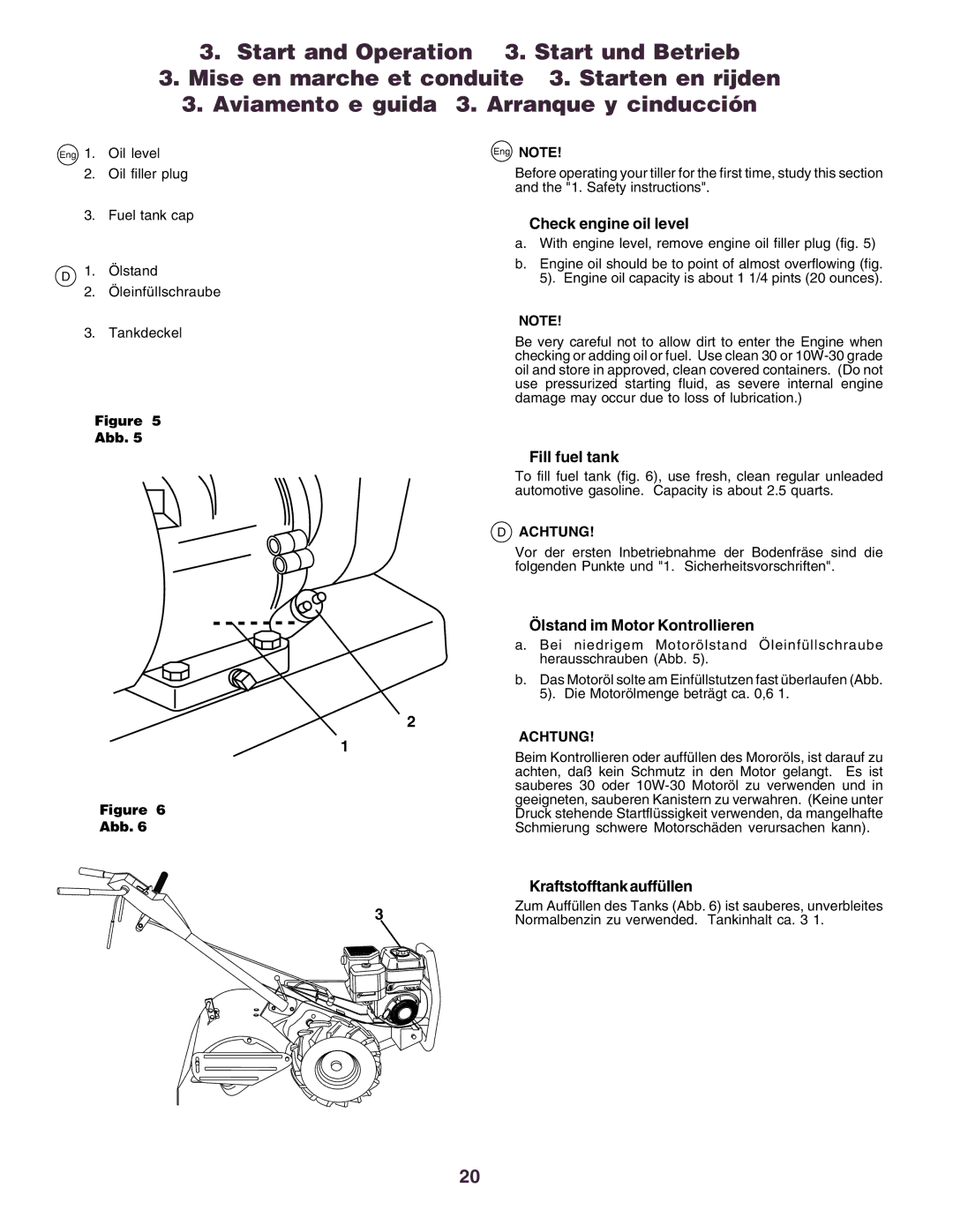 Husqvarna crt51 Check engine oil level, Fill fuel tank, Ölstand im Motor Kontrollieren, Kraftstofftank auffüllen, Achtung 