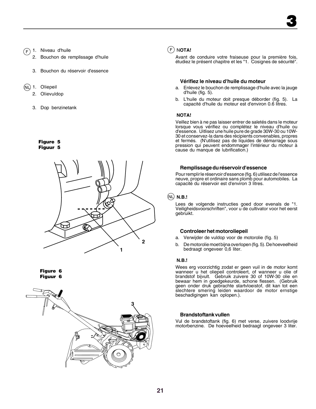 Husqvarna crt51 Vérifiez le niveau dhuile du moteur, Remplissage du réservoir dessence, Controleer het motoroliepeil, Nota 