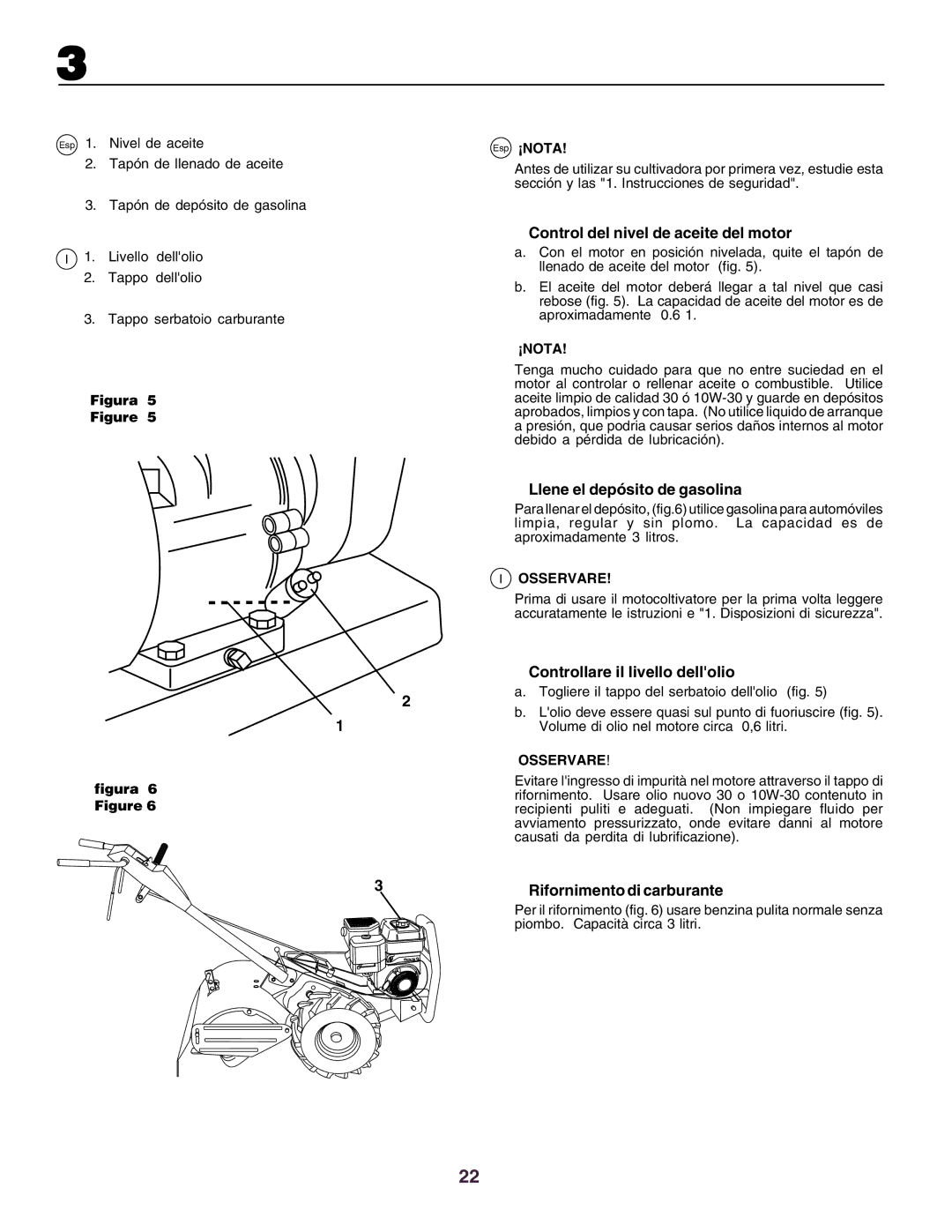 Husqvarna crt51 Control del nivel de aceite del motor, Llene el depósito de gasolina, Controllare il livello dellolio 