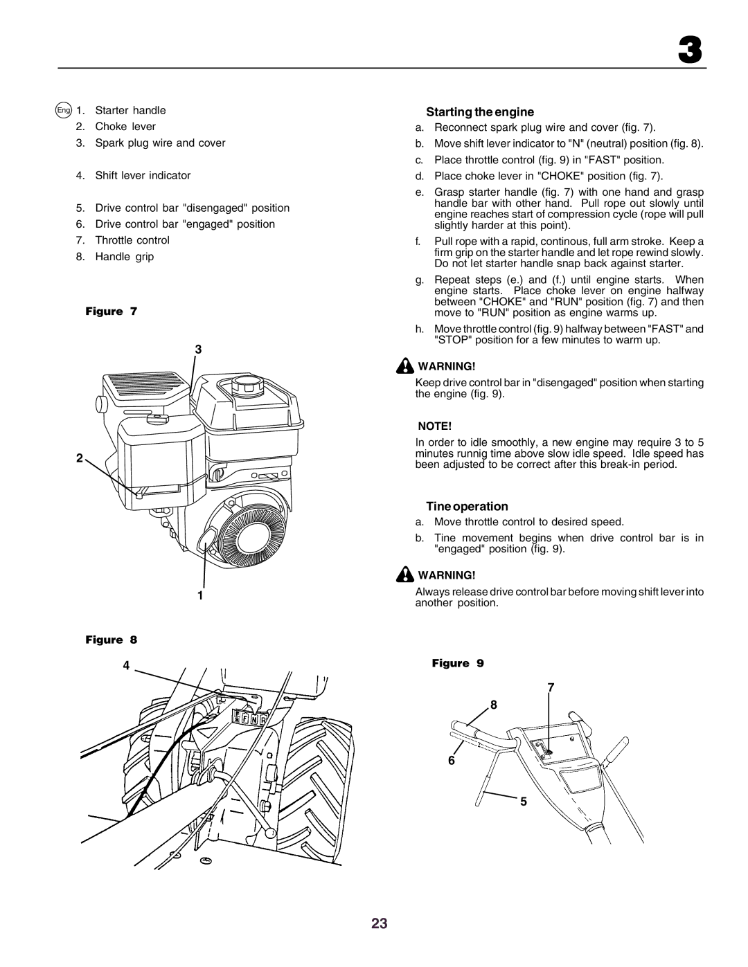 Husqvarna crt51 instruction manual Starting the engine, Tine operation 